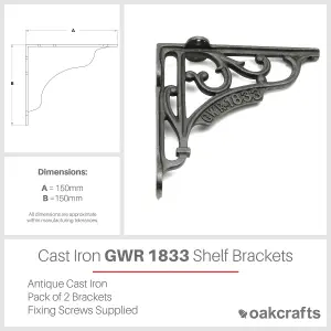 Oakcrafts - Pair of Antique Cast Iron 'GWR 1833' Shelf Brackets - 150mm x 150mm