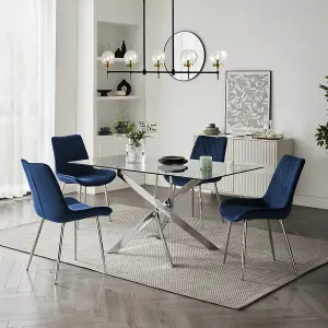 Lucia Rectangular Glass Dining Table & Blue Velvet Almeria Chairs, 4 Seater