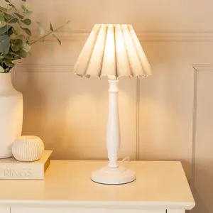 ValueLights Victoria White Wood Candlestick Stem Table Lamp with Grey Scallop Tapered Lamp Shade and LED Bulb