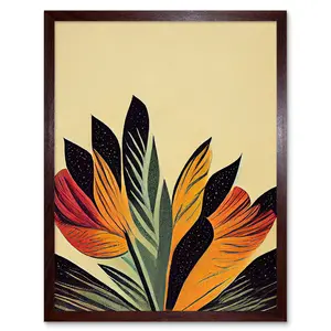 Abstract Retro Art Nouveau Flowers Bloom - Print Brown Framed Paper / 40.5cm H x 30.5cm W