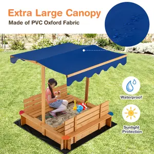 Costway Kids Wooden Sandbox with Canopy Kids Play Station with 2 Benches