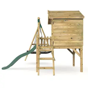 Rebo Orchard 4ft x 4ft Wooden Playhouse with Boat Swing, 900mm Deck and 6ft Slide - Boat Green