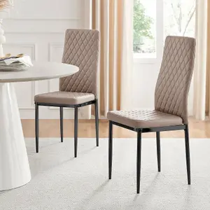 Set of 4 Milan Cappuccino Beige High Back Soft Touch Diamond Pattern Faux Leather Black Powder Coated Metal Leg Dining Chairs