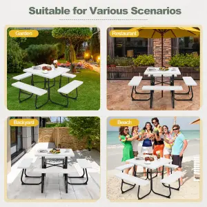 Costway 8 person Square Picnic Table Bench Set Outdoor Circular Table W/ 4 Benches & Umbrella Hole, White