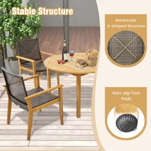 Costway Patio Dining Chairs Set of 4 Outdoor Acacia Wood & PE Wicker Chairs with Armrests