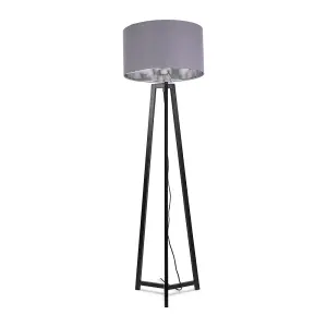 ValueLights Lottie Black Wood Tripod Floor Lamp with Grey/Chrome Drum Shade - LED Bulb Included