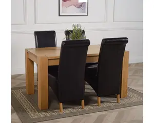 Kuba 150 x 85 cm Chunky Medium Oak Dining Table and 4 Chairs Dining Set with Montana Black Leather Chairs