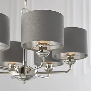 Luminosa Highclere Pendant Light Bright Nickel Plate, Charcoal Fabric Multi Arm Shade