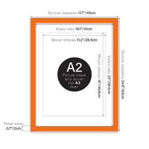 A2 Orange Picture Frame With Mount for A3 (29.7 x 42cm - 11.7 x 16.5in) Poster, Photo, Artwork, or Print.