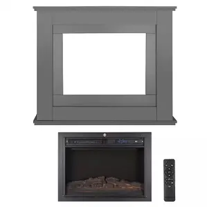 Modern Grey Electric Fireplace with Remote Control, Triangle LED Log Fire, and Stylish Mantle