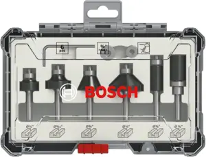 Bosch Professional Router Bit Set 6 pcs Trim&Edging 1/4" shank 6-piece Trim and Edging Router Bit Set with 1/4" shank diameter.