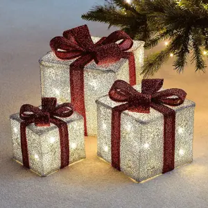 3 X Decorative Christmas Parcels - With 35 White Led Lights - Parcel Set With Bow - Ideal Sparkling Parcel Use Under Christmas