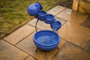 Ceramic Royal Blue Solar Powered Garden Water Feature with Glazed Effect