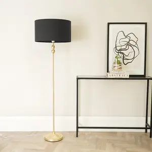 ValueLights Maggie Gold Metal Candlestick Floor Lamp with Charcoal Fabric Lamp Shade and LED Bulb