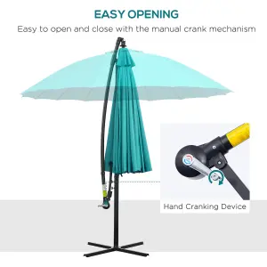 Outsunny 3(m) Cantilever Shanghai Parasol w/ Crank Handle, Cross Base, Turquoise