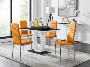 Giovani Rectangular 4 Seat White High Gloss Dining Table with Black Glass Top and Unique Halo Base with 4 Mustard Milan Chairs