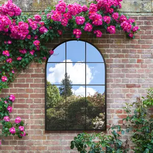 MirrorOutlet The Fenarc Black Metal Framed Arched Window Wall Garden Mirror 120CM X 80CM