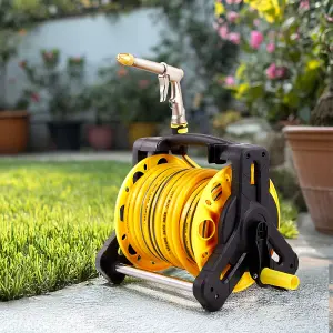 35m Portable Garden Watering Hose Reel Set with 3 Modes in Yellow and Black