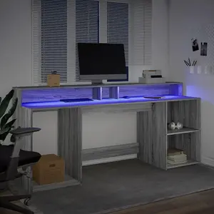 Berkfield Desk with LED Lights Grey Sonoma 200x55x91 cm Engineered Wood