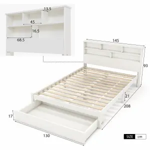 Bed with Shelves, White Wooden Storage Bed, Underbed Drawer - 4ft6 Double (135 x 190 cm)