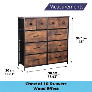 WOODEN Effects Chest Of Drawers With Metal Frame, 10 Large Deep Fabric Drawers Organiser Storage