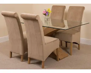 Valencia 160 cm x 90 cm Glass Dining Table and 4 Chairs Dining Set with Montana Beige Fabric Chairs