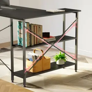 L-Shaped Desk (120 or 140cm x 90cm) Corner Desk with Adjustable Shelves by Aliff Black / 74cm H x 140cm W x 90cm D