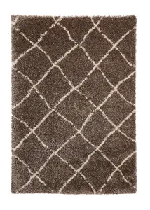 Beige Cream Shaggy Rug, 45mm Thick Geometric Stain-Resistant Rug, Moroccan Rug for Bedroom, & Dining Room-160cm X 220cm