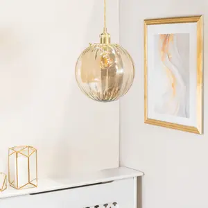 ValueLights Chessy Amber Tinted Ribbed Glass Globe Easy Fit Ceiling Light Shade - LED Bulb Included