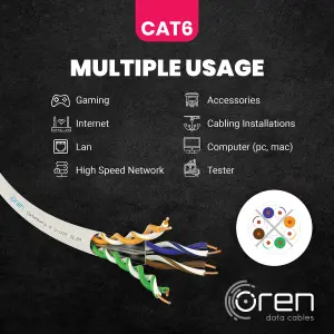 Oren CAT6 50m Ethernet Cable White - Slim - 23 AWG Pure Copper Wire - 250 MHz Bandwidth UTP Internet LAN Network Cable