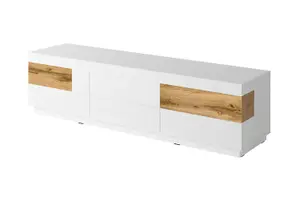 Sleek Silke 40 TV Cabinet 206cm - White Gloss & Wotan Oak: Modern Storage Solution for Contemporary Living Spaces