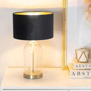 ValueLights Jessy Glass with Gold Trim Table Lamp with Black Velvet with Gold Inner Lamp Shade