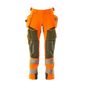 Mascot Accelerate Safe Trousers with Holster Pockets - Hi-Vis Orange/Moss Green   (30.5) (Leg Length - Regular)