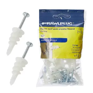 Rawl 12 x plug Nylon Self Drill Plasterboard Plug Fixings for Hollow Stud Walls, White