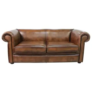 Chesterfield 1930's 3 Seater Antique Tan Leather Sofa Settee In Classic Style