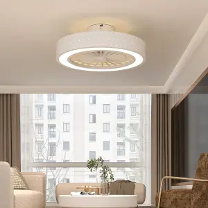 White Dia 48cm Round Acrylic Dot Lampshade Ceiling Mounted LED Fan Light, 5 Blades with Remote Controller