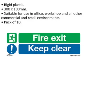 Pack of 10 Fire Exit Keep Clear Signs - Rigid Plastic Safety Signs 300 x 100mm