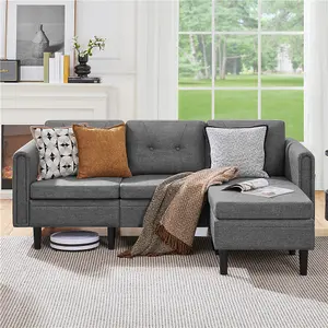 Yaheetech Light Grey Fabric Upholstered 3-Seater Corner Sofa with Ottoman