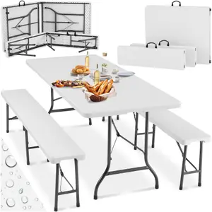 Camping Table and Bench Set - foldable with carry handles - white