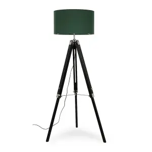 ValueLights Clipper Modern Black Wood and Silver Chrome Tripod Floor Lamp with Forest Green Drum Shade