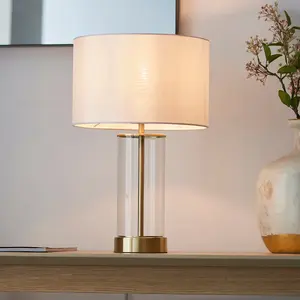 Luminosa Lessina Base & Shade Table Lamp, Satin Brass Plate, Glass, Vintage White Fabric