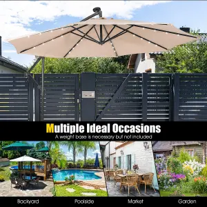 Costway 3 x 3m Cantilever Parasol Backyard Patio Offset Umbrella w/ 32 Solar-Powered LED Lights