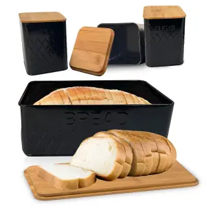 MantraRaj 4PCS Kitchen Bread Bin And Canister Set With Bamboo Lid Kitchen Storage Tea Coffee Sugar Container