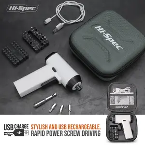 Hi-Spec 34pc 3.6V White Compact Electric Power Screwdriver & Bit Set. USB Rechargeable Battery for Cordless Screwdriving