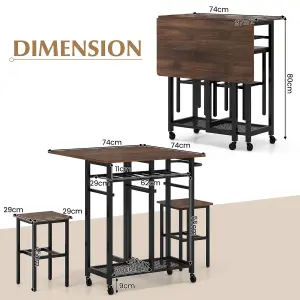 Costway Set of 3 Dining Table Set Extendable Kitchen Table 2 Stools w/ Wine Rack