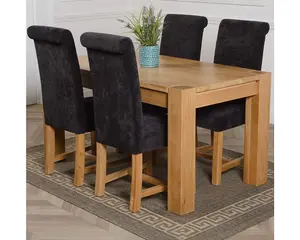 Kuba 150 x 85 cm Chunky Medium Oak Dining Table and 4 Chairs Dining Set with Washington Black Fabric Chairs