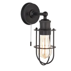 Matt Black Industrial Caged Bathroom Wall Light - IP44 Rated - Knurled Detailing