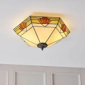 Tiffany Glass Semi Flush Ceiling Light Cream & Red Inverted Hex Shade i00058