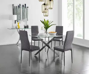 Furniturebox UK Novara 120cm Round Dining Table and 4 Grey Velvet Milan Black Leg Chairs