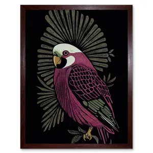 Tropical Bird Jungle Linocut Retro Vintage - Print Brown Framed Paper / 25.9cm H x 20.6cm W x 1.5cm D